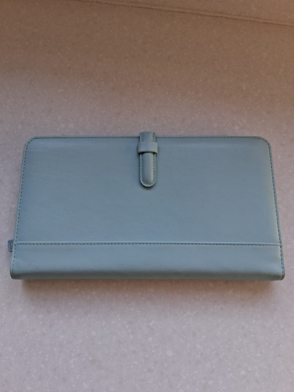 Levenger Pale Blue Leather Continental Wallet with Strap Closure